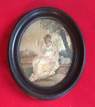 Antique Early 19th c.  Oval Silk Needlework Picture with Lamb Sheep & Dove Peace 5
