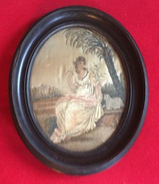 Antique Early 19th c.  Oval Silk Needlework Picture with Lamb Sheep & Dove Peace 6