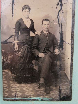 Antique Tintype Photos Tin Plate Picture - Young Couple Man With Crossed Legs