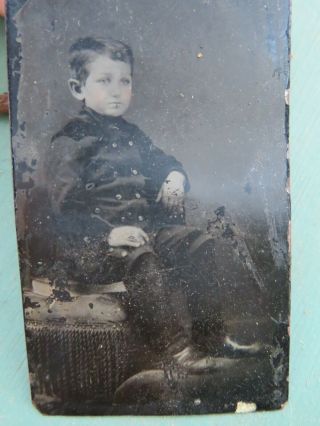 Antique Tintype Photos Tin Plate Picture - Boy Child With Buttons On Coat