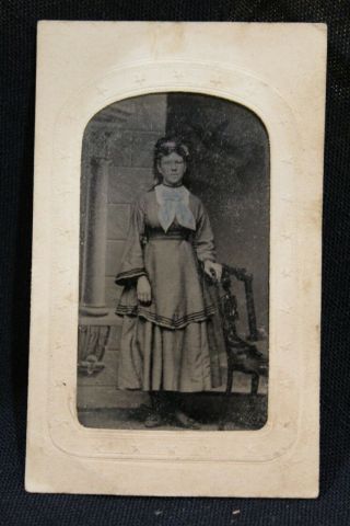 Antique Tin Type Photo Of Young Woman In Dress With Chair