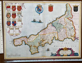 Old Antique Vintage Rare Tudor Blaeu Poster Map Cornwall,  England 1600 