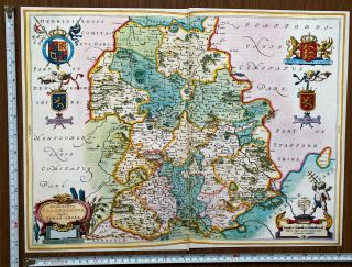 Old Antique Vintage Tudor Blaeu Map Of Shropshire,  England 1665 1600 