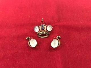 Vintage Crown Trifari Sterling Moonstone Rhinestone Brooch/pin And Earrings.