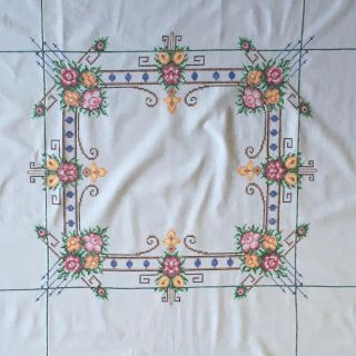 Vintage Hand Embroidered Cross Stitch Floral Rose & Crochet Tablecloth 46 " X 46 "