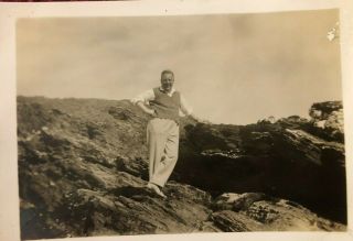 Vintage Photograph Man Stood On Rocks Porth Near Newquay Cornwall 20th May 1934