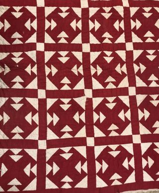 Vintage Handmade Quilt Throw Red & White Crosses Antique Textile 70 " X70 " Square