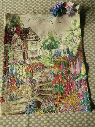 Vintage Hand Embroidered Picture Panel - Fabulous Cottage & Garden Exquisite Work