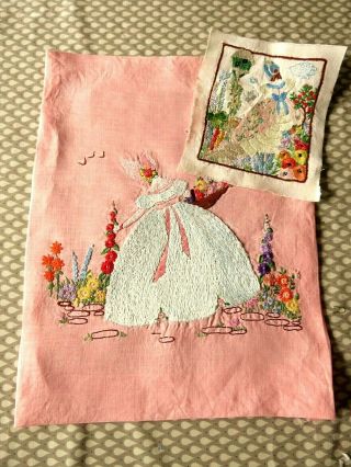 Vintage Hand Embroidered Picture Panels - Crinoline Ladies & Flowers