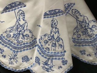 Stunning Large Vintage Linen Hand Embroidered Tablecloth Crinoline Ladies & Lace