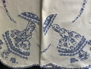STUNNING LARGE VINTAGE LINEN HAND EMBROIDERED TABLECLOTH CRINOLINE LADIES & LACE 2