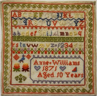 Mid/late 19th Century Alphabet & Motif Sampler By Anne Williams Aged 10 - 1871