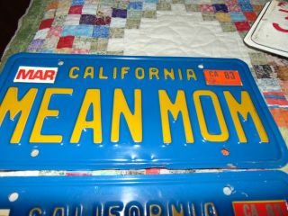 Vintage Blue California Vanity License Plate " Mean Mom " Ca State Plate 1980 