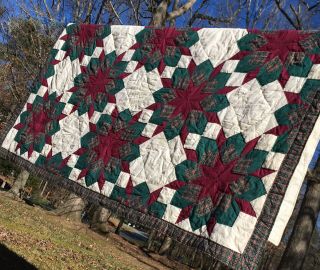 Vintage Stars Green Red Plaid Country Patchwork Quilt Full Size Quilt 82 " X 82 "