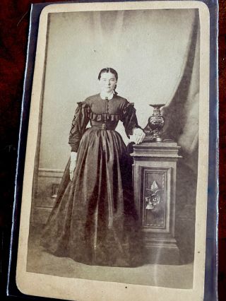 Antique Cdv Carte De Visite Photo Woman In Hoop Dress Civil War Era Galena Il