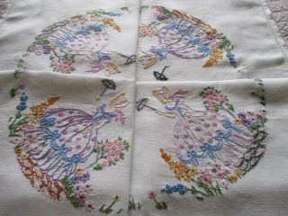 Vintage Hand Embroidered Linen Tablecloth - CRINOLINE LADIES & FLORALS 2