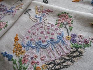 Vintage Hand Embroidered Linen Tablecloth - CRINOLINE LADIES & FLORALS 3