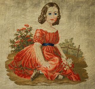 Mid/late 19th Century Needlepoint Of A Young Girl With A Posy Of Flowers C.  1870