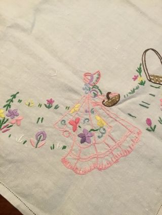 Vintage Hand Embroidered Irish Linen Tablecloth - Crinoline Ladies