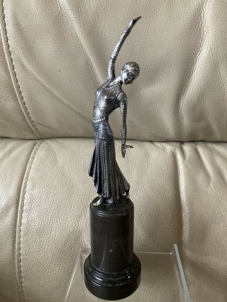 Art Deco Silvered Bronze Dancing Lady Figure On Green Marble Base