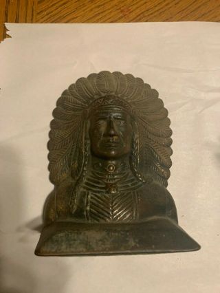 Vintage Set Verona Cast Iron Bronze ?bookends Indian Chief Bust Figurine