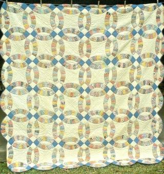 Antique Vintage 1930s/40s Double Wedding Ring Patchwork Quilt Wow