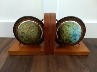 Vintage Mid Century Pair Old World Map Globe Book Ends Wood Green Estate