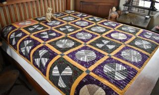 Antique Hand Stitched Calico Snowball Quilt With Homespun Backing
