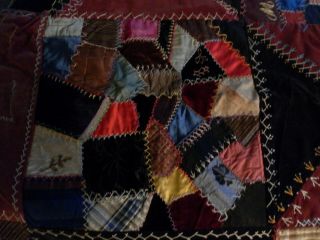 ANTIQUE 1888 VICTORIAN CRAZY QUILT EMBROIDERY,  VELVET SILK ANIMALS SIGNED DATED 3