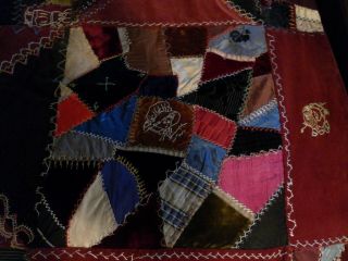 ANTIQUE 1888 VICTORIAN CRAZY QUILT EMBROIDERY,  VELVET SILK ANIMALS SIGNED DATED 5
