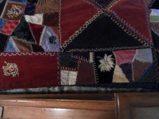 ANTIQUE 1888 VICTORIAN CRAZY QUILT EMBROIDERY,  VELVET SILK ANIMALS SIGNED DATED 6