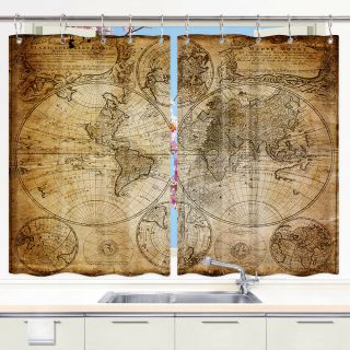 Old world nautical map Kitchen Curtains 2 Panel Set Decor Window Drapes 2