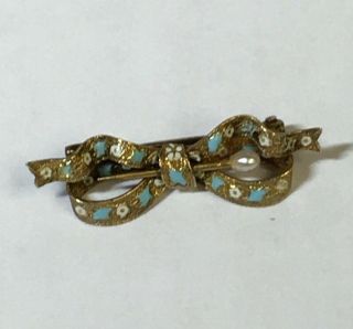 Very Unique Antique 14k Gold,  Enamel,  And Pearl Brooch Pin Signed