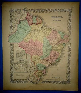 1856 Colton Atlas Map Empire Of Brazil - Guayana Old Antique