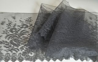 Antique Hand Made Wide Black Silk Chantilly Lace Trim Vv69
