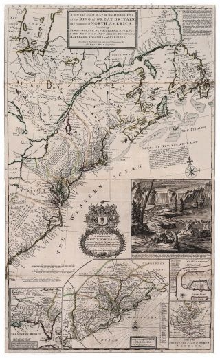 Old Vintage Decorative Map Of British Colonies In North America Moll 1732
