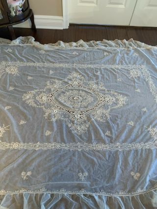 Antique French Tambour Netted Lace Full Size Bedspread