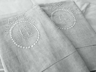 Pair Stunning Antique French Pure Linen Monogramed Heirloom Dowry Sheets 19th