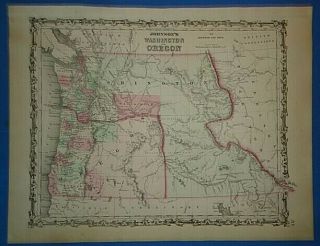 Vintage 1862 Washington Territory Oregon Map Old Antique Johnson 