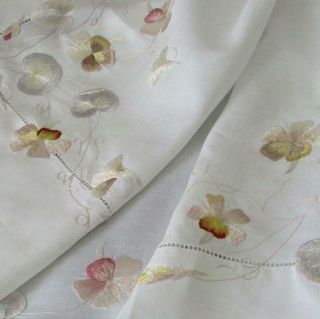 Antique Linen 40 " X40 " Table Topper Hand Embroidered Society Silk Flowers Pansies