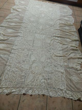 Antique French Normandy Mixed Lace,  Hand Embroidered Bed Coverled 2