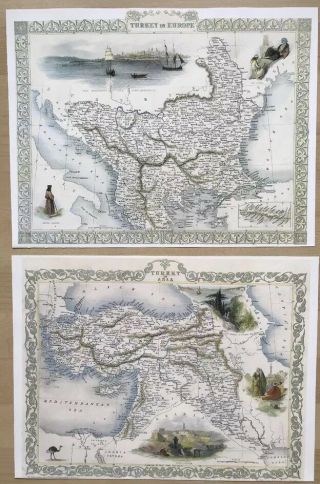 2 X Old Antique Vintage Colour Maps 1800s Turkey In Asia & Europe Tallis Reprint