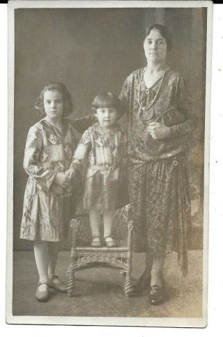 Woman And Two Girls All Dressed Up For Portrait,  Real Photo Postcard 1920 - 1930 