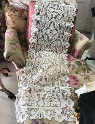 Antique French Needlepoint Lace Textile Creamy White Ornate Flowers Acorns