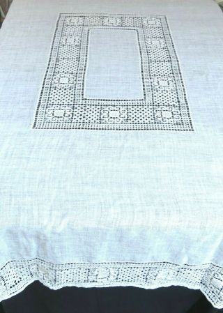 Vintage Filet Drawnwork Lace Tablecloth 64 X 84 Rectangle White Cotton