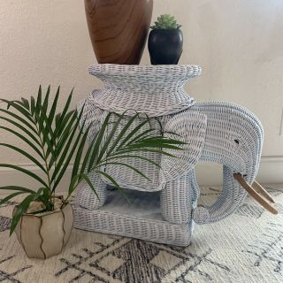 Vintage White Wicker Large Elephant Accent Art Deco Table Plant Stand