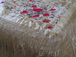 Antique Spanish Hand Embroidered Floral Silk Bed Cover Piano Shawl 108 " X 106
