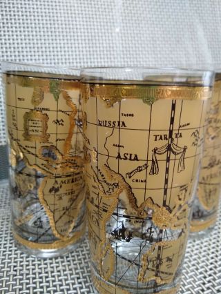 5.  5 " 8 Oz Cora Cera Bar Glasses Old World Map 22k Gold Vintage Tumblers Set Of 6