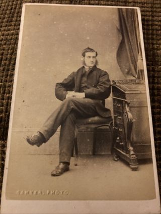 Victorian Cdv Photo Man With Sideburns,  Crossed Legs,  Desk - Sawyer