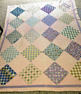 Vintage Handmade Patchwork Quilt - 70 X 88 In - Pink Purple Lilac Blue Shirting